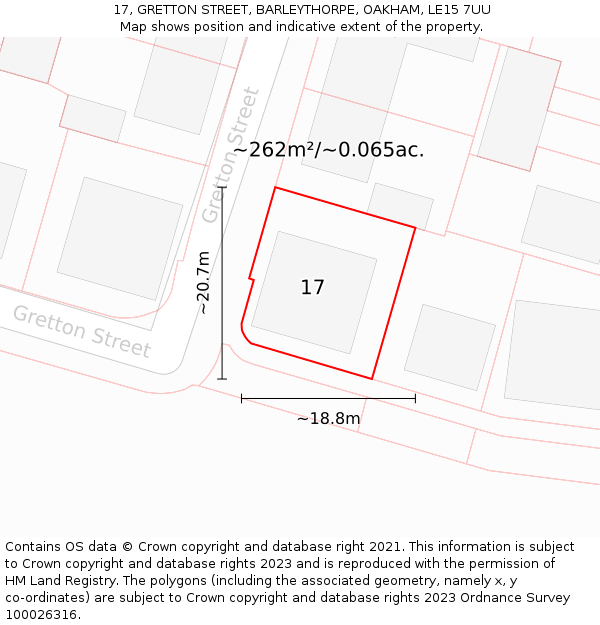 17, GRETTON STREET, BARLEYTHORPE, OAKHAM, LE15 7UU: Plot and title map
