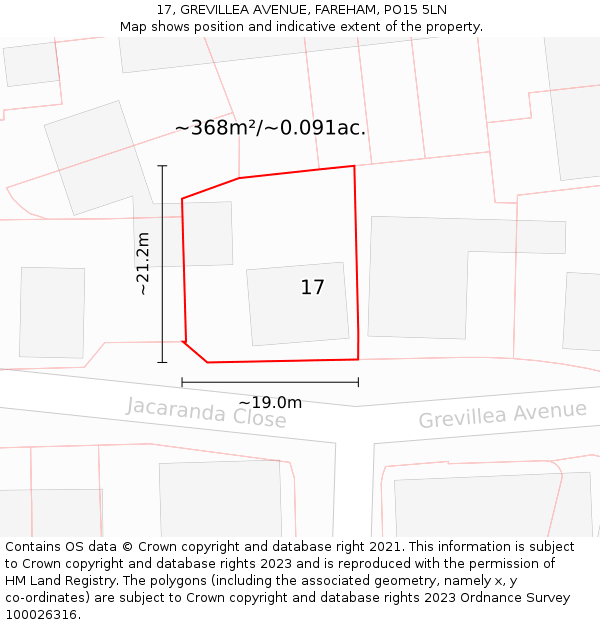 17, GREVILLEA AVENUE, FAREHAM, PO15 5LN: Plot and title map