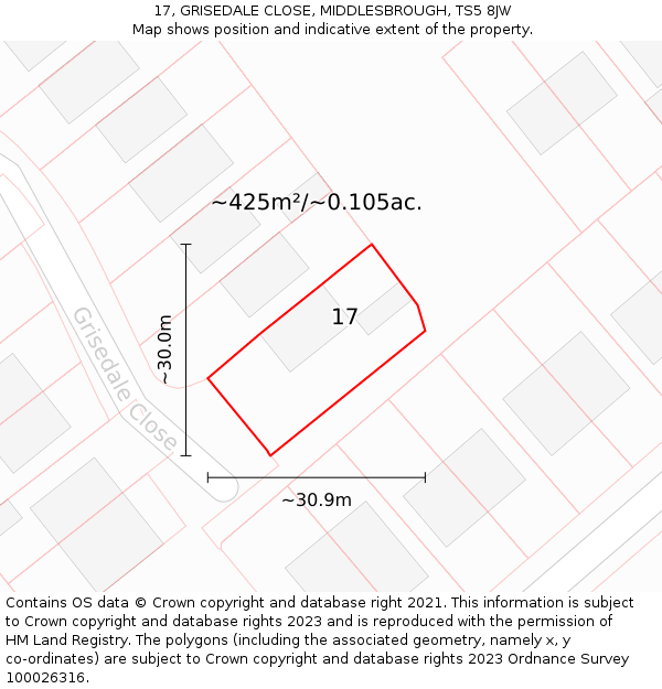 17, GRISEDALE CLOSE, MIDDLESBROUGH, TS5 8JW: Plot and title map