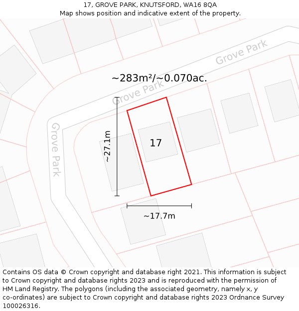 17, GROVE PARK, KNUTSFORD, WA16 8QA: Plot and title map