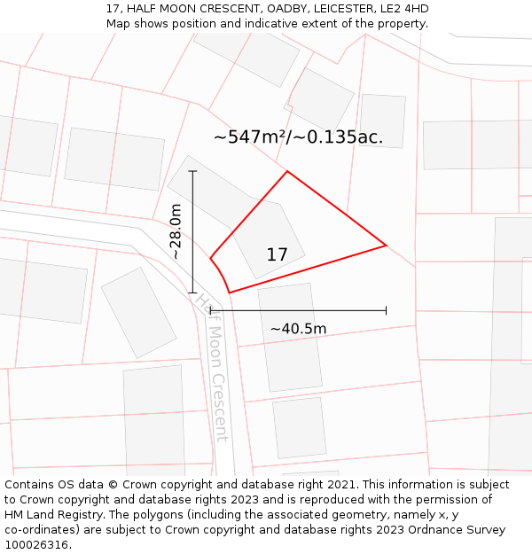 17, HALF MOON CRESCENT, OADBY, LEICESTER, LE2 4HD: Plot and title map