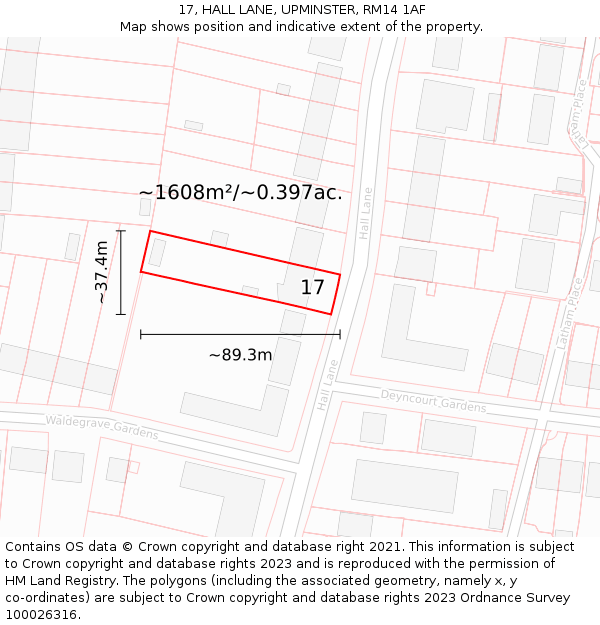 17, HALL LANE, UPMINSTER, RM14 1AF: Plot and title map