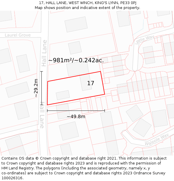 17, HALL LANE, WEST WINCH, KING'S LYNN, PE33 0PJ: Plot and title map