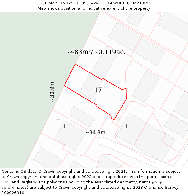 17, HAMPTON GARDENS, SAWBRIDGEWORTH, CM21 0AN: Plot and title map