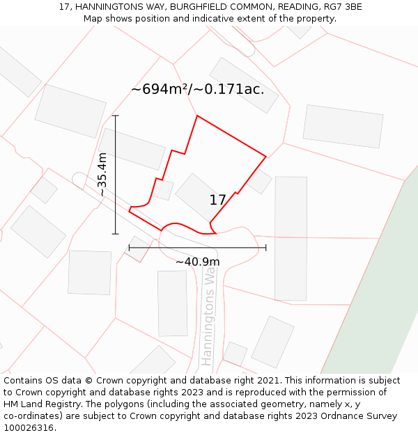 17, HANNINGTONS WAY, BURGHFIELD COMMON, READING, RG7 3BE: Plot and title map