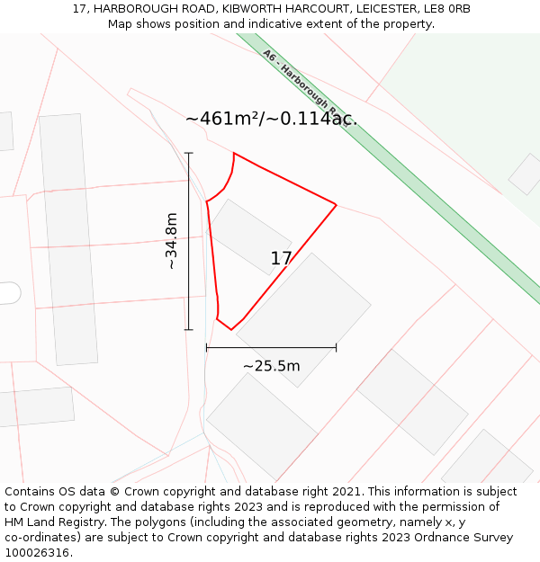 17, HARBOROUGH ROAD, KIBWORTH HARCOURT, LEICESTER, LE8 0RB: Plot and title map