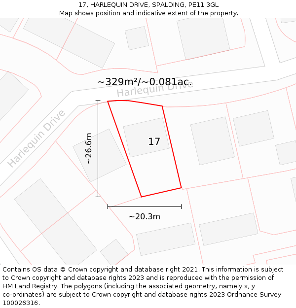 17, HARLEQUIN DRIVE, SPALDING, PE11 3GL: Plot and title map