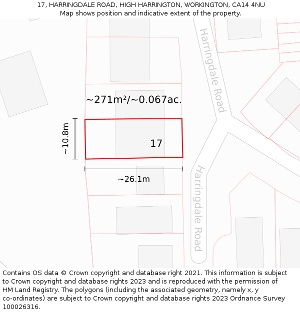 17, HARRINGDALE ROAD, HIGH HARRINGTON, WORKINGTON, CA14 4NU: Plot and title map