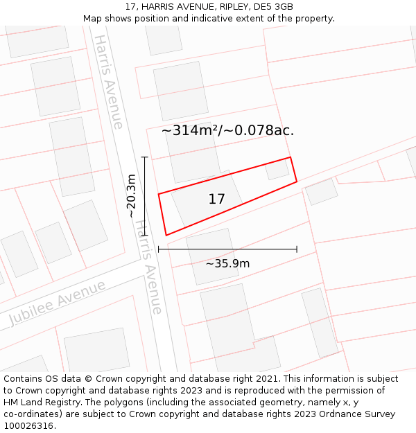 17, HARRIS AVENUE, RIPLEY, DE5 3GB: Plot and title map