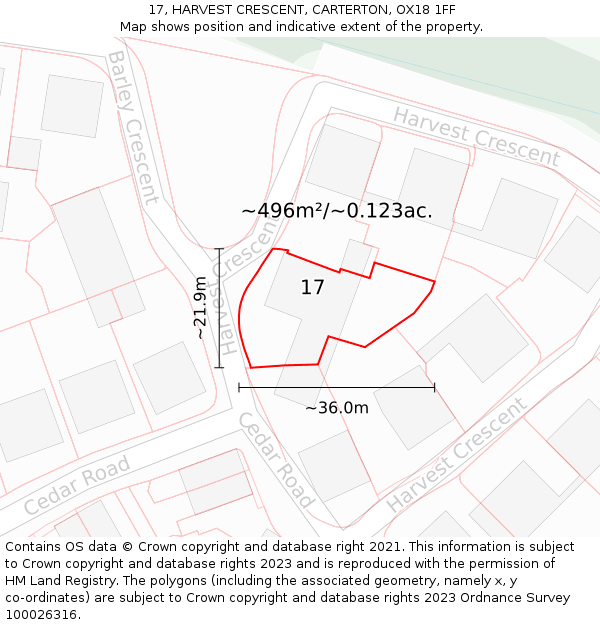 17, HARVEST CRESCENT, CARTERTON, OX18 1FF: Plot and title map