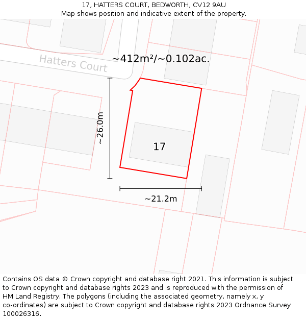 17, HATTERS COURT, BEDWORTH, CV12 9AU: Plot and title map