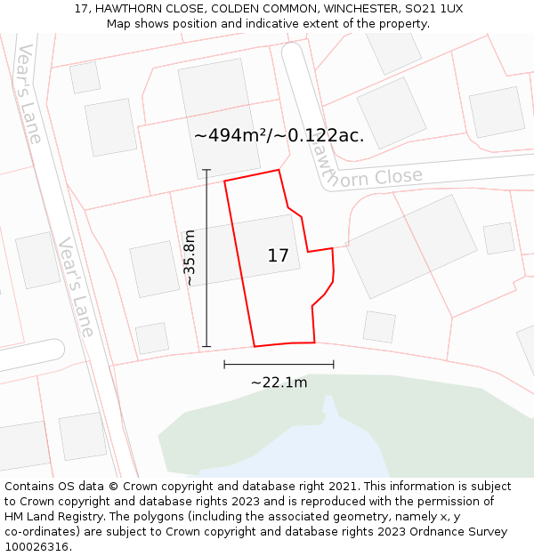 17, HAWTHORN CLOSE, COLDEN COMMON, WINCHESTER, SO21 1UX: Plot and title map