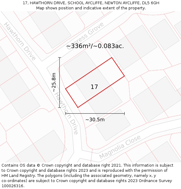 17, HAWTHORN DRIVE, SCHOOL AYCLIFFE, NEWTON AYCLIFFE, DL5 6GH: Plot and title map