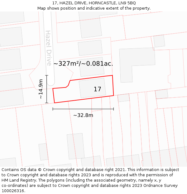 17, HAZEL DRIVE, HORNCASTLE, LN9 5BQ: Plot and title map