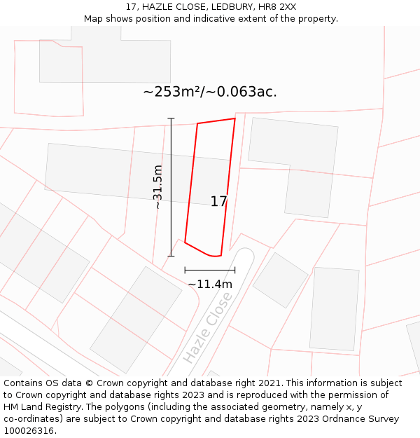 17, HAZLE CLOSE, LEDBURY, HR8 2XX: Plot and title map