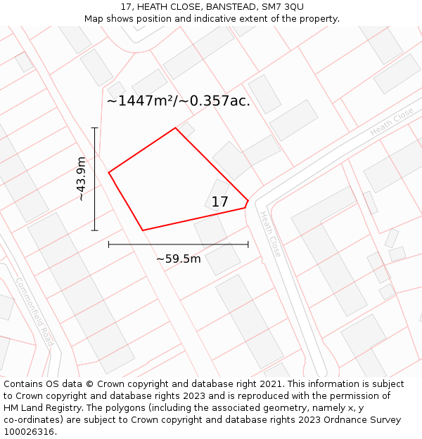 17, HEATH CLOSE, BANSTEAD, SM7 3QU: Plot and title map