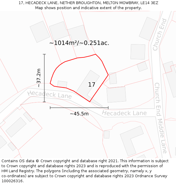 17, HECADECK LANE, NETHER BROUGHTON, MELTON MOWBRAY, LE14 3EZ: Plot and title map