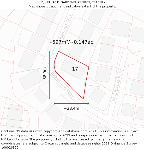 17, HELLAND GARDENS, PENRYN, TR10 8LY: Plot and title map