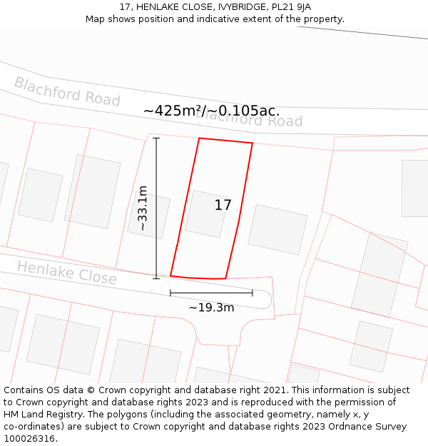 17, HENLAKE CLOSE, IVYBRIDGE, PL21 9JA: Plot and title map