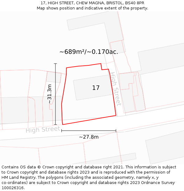 17, HIGH STREET, CHEW MAGNA, BRISTOL, BS40 8PR: Plot and title map