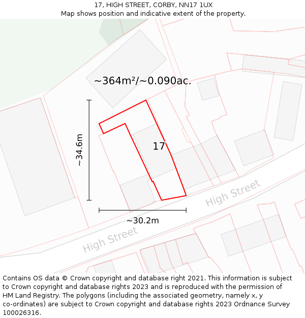 17, HIGH STREET, CORBY, NN17 1UX: Plot and title map