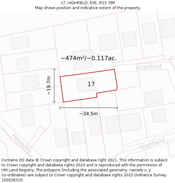 17, HIGHFIELD, EYE, IP23 7BP: Plot and title map
