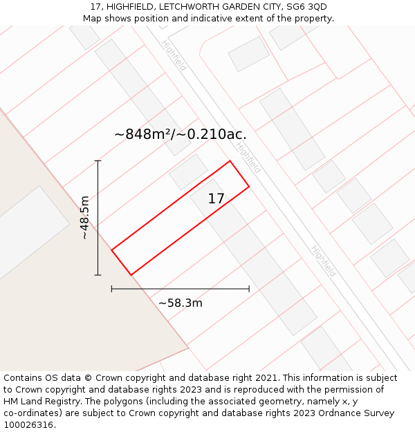 17, HIGHFIELD, LETCHWORTH GARDEN CITY, SG6 3QD: Plot and title map