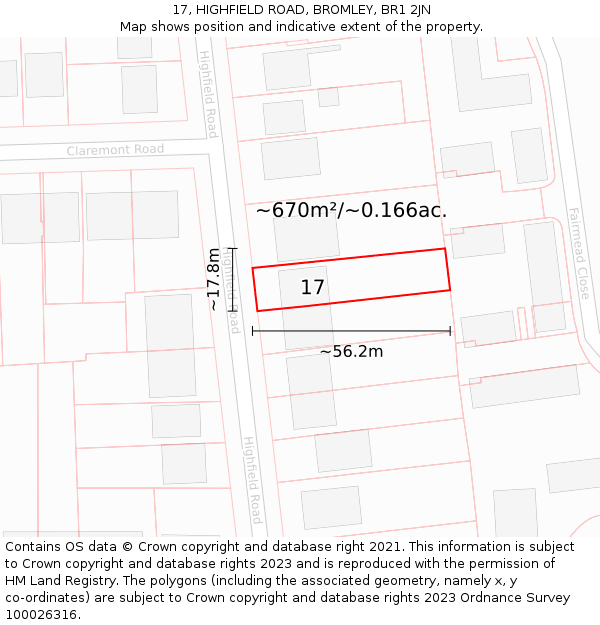 17, HIGHFIELD ROAD, BROMLEY, BR1 2JN: Plot and title map