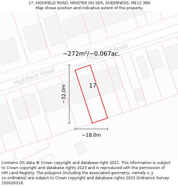 17, HIGHFIELD ROAD, MINSTER ON SEA, SHEERNESS, ME12 3BA: Plot and title map