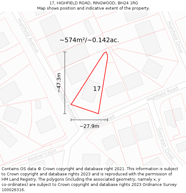 17, HIGHFIELD ROAD, RINGWOOD, BH24 1RG: Plot and title map