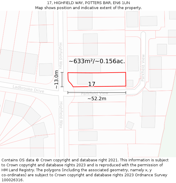 17, HIGHFIELD WAY, POTTERS BAR, EN6 1UN: Plot and title map