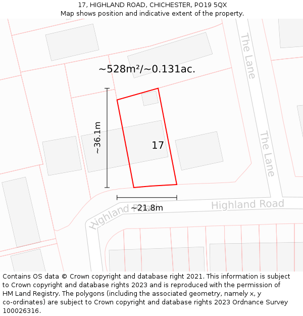 17, HIGHLAND ROAD, CHICHESTER, PO19 5QX: Plot and title map