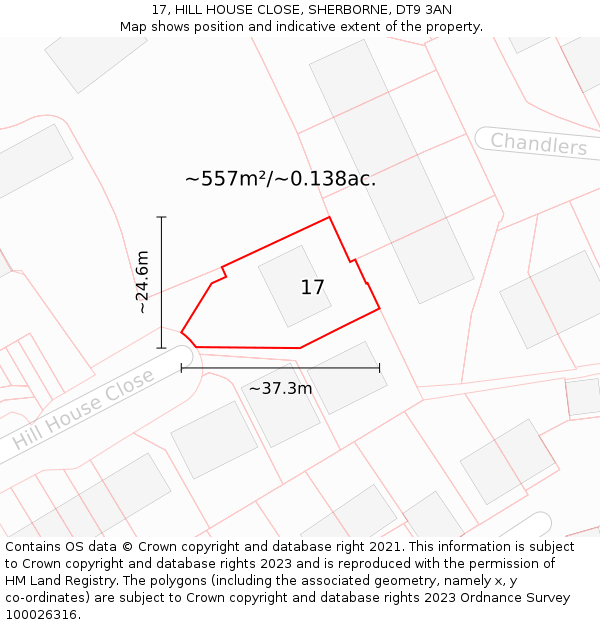 17, HILL HOUSE CLOSE, SHERBORNE, DT9 3AN: Plot and title map