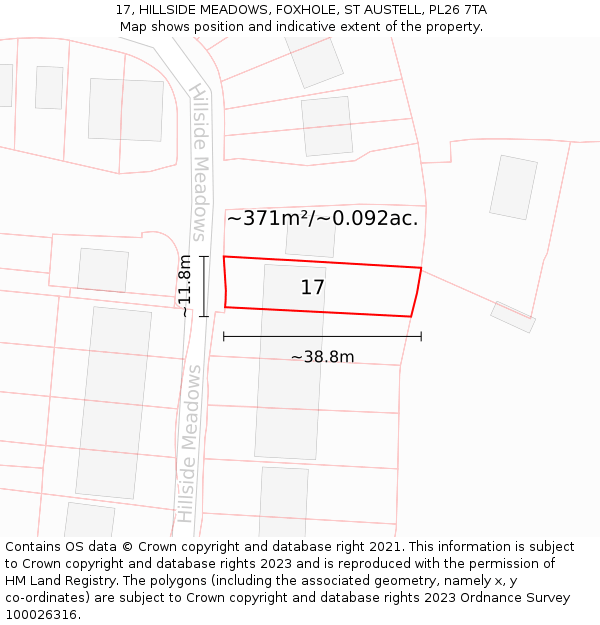 17, HILLSIDE MEADOWS, FOXHOLE, ST AUSTELL, PL26 7TA: Plot and title map