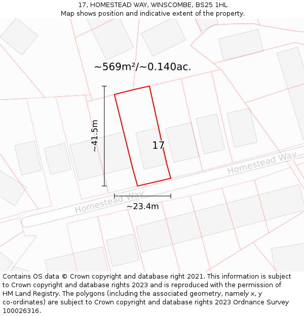 17, HOMESTEAD WAY, WINSCOMBE, BS25 1HL: Plot and title map