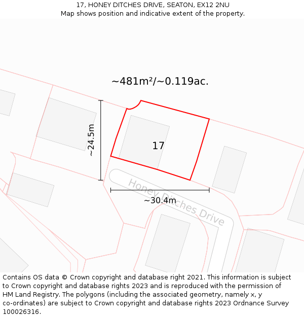 17, HONEY DITCHES DRIVE, SEATON, EX12 2NU: Plot and title map