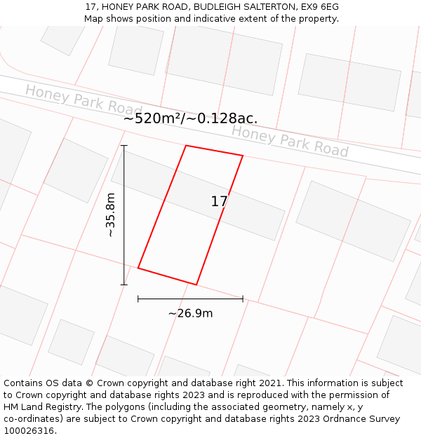 17, HONEY PARK ROAD, BUDLEIGH SALTERTON, EX9 6EG: Plot and title map