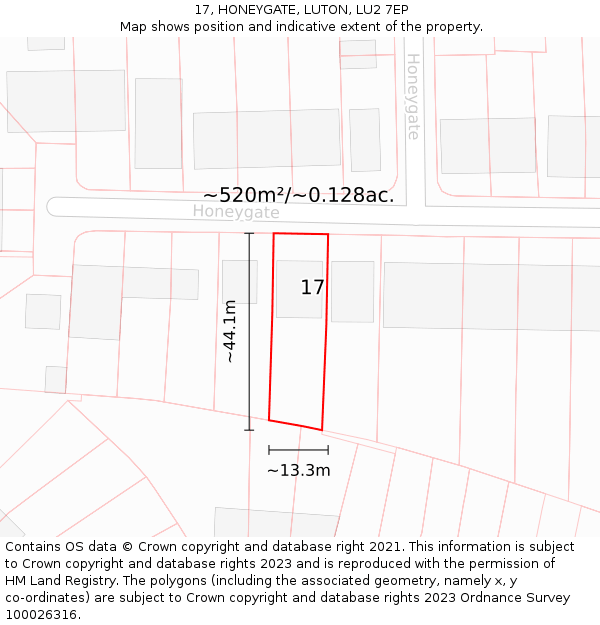 17, HONEYGATE, LUTON, LU2 7EP: Plot and title map