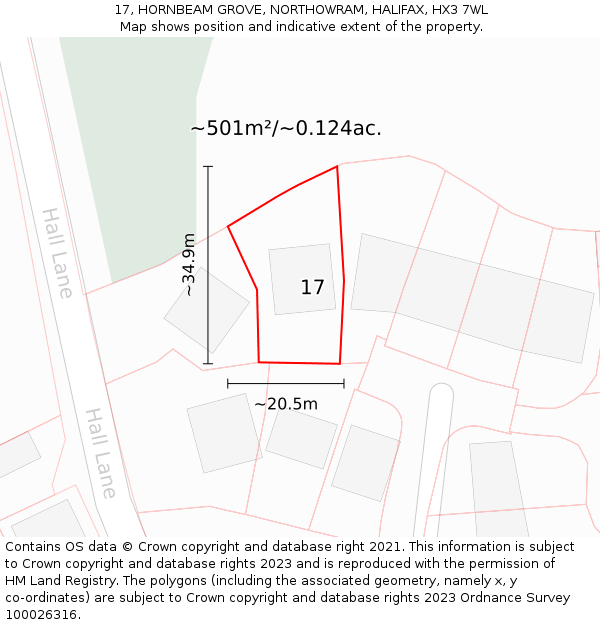 17, HORNBEAM GROVE, NORTHOWRAM, HALIFAX, HX3 7WL: Plot and title map