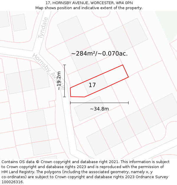 17, HORNSBY AVENUE, WORCESTER, WR4 0PN: Plot and title map