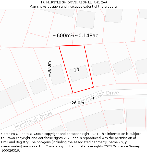 17, HURSTLEIGH DRIVE, REDHILL, RH1 2AA: Plot and title map