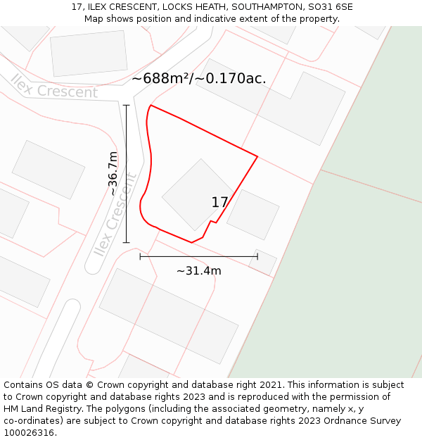 17, ILEX CRESCENT, LOCKS HEATH, SOUTHAMPTON, SO31 6SE: Plot and title map