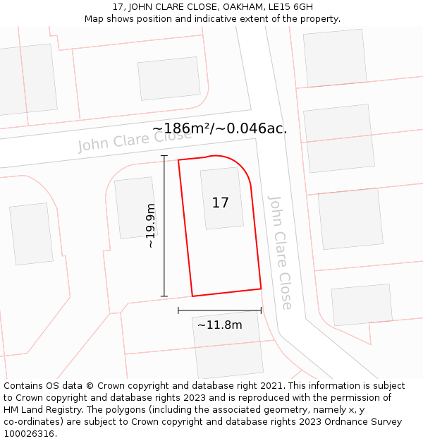 17, JOHN CLARE CLOSE, OAKHAM, LE15 6GH: Plot and title map