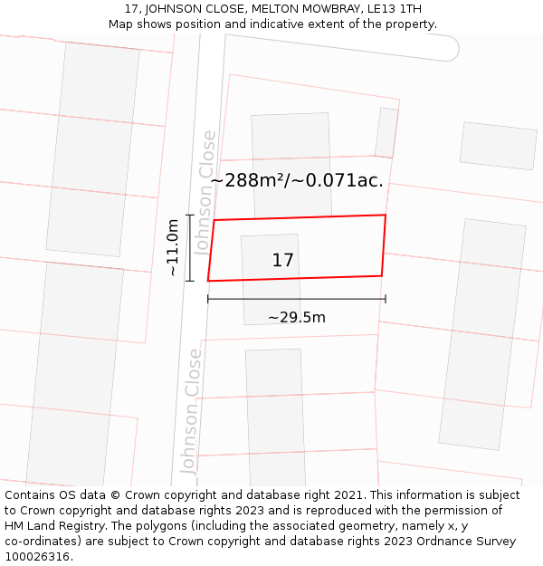 17, JOHNSON CLOSE, MELTON MOWBRAY, LE13 1TH: Plot and title map