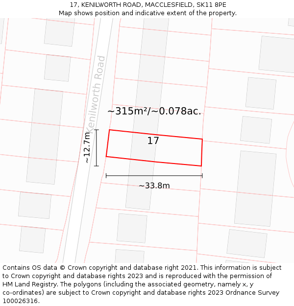 17, KENILWORTH ROAD, MACCLESFIELD, SK11 8PE: Plot and title map