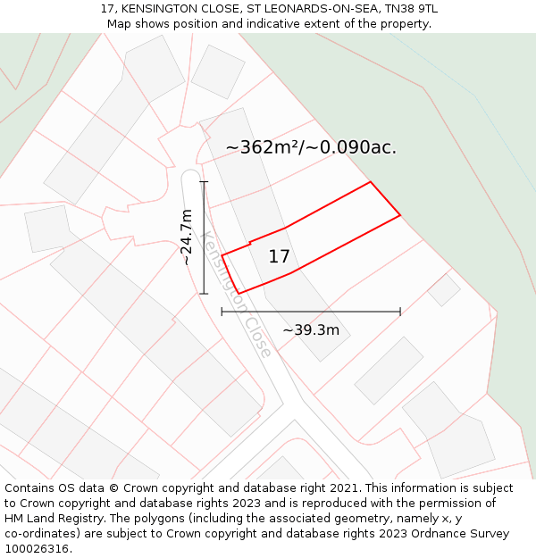 17, KENSINGTON CLOSE, ST LEONARDS-ON-SEA, TN38 9TL: Plot and title map