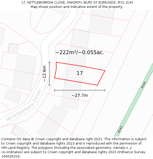 17, KETTLEBORROW CLOSE, IXWORTH, BURY ST EDMUNDS, IP31 2UN: Plot and title map