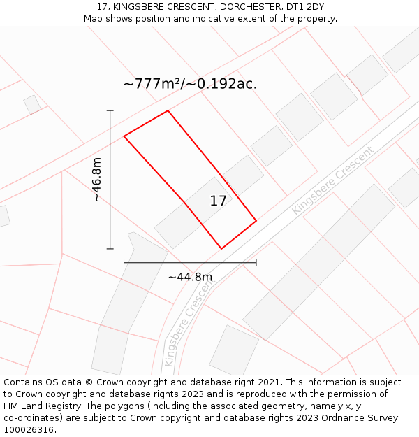 17, KINGSBERE CRESCENT, DORCHESTER, DT1 2DY: Plot and title map