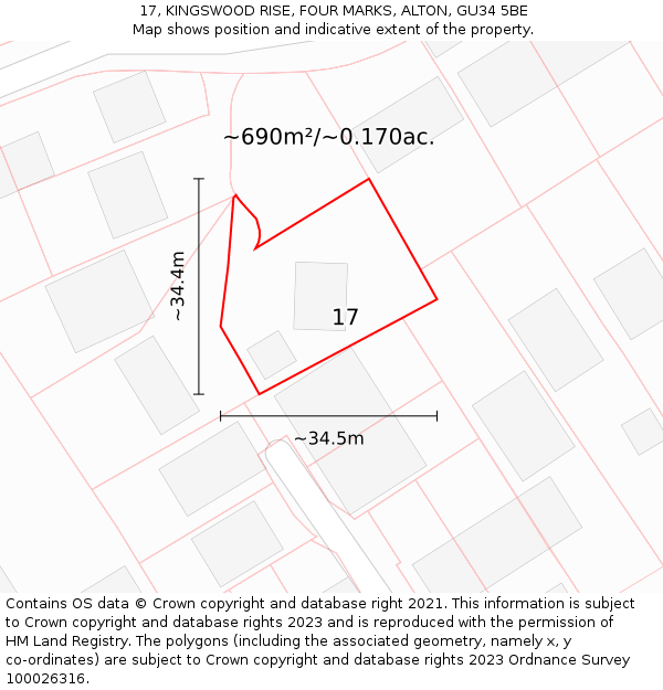 17, KINGSWOOD RISE, FOUR MARKS, ALTON, GU34 5BE: Plot and title map