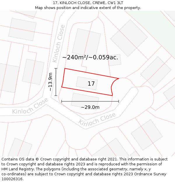 17, KINLOCH CLOSE, CREWE, CW1 3LT: Plot and title map